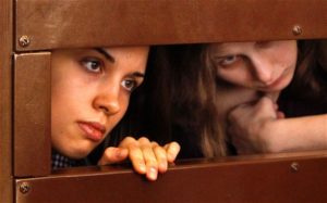 Nadezhda Tolokonnikova and Maria Alyokhina of Pussy Riot while in court. Photo by Maxim Shemetov/Reuters
