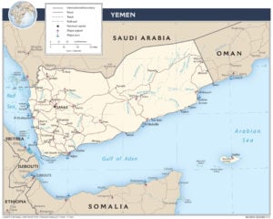 Today's Yemen was formed from the merger of the former Yemen (North Yemen)and South Yemen (much of which lies to the east). (Map: CIA)