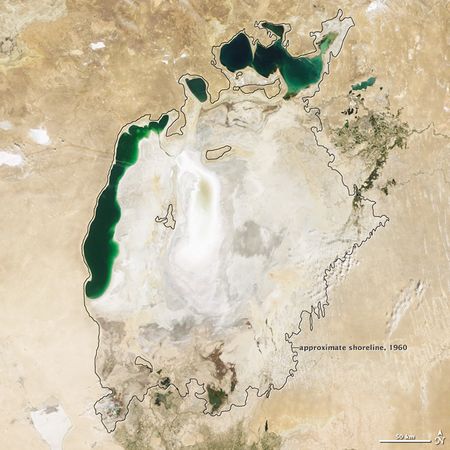 Satelite Imagem on Aral Sea Satellite Image 2009 Outline 16958 600x450