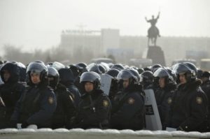 Riot police officers standing on duty in the western Kazakh city of Aktau following the deadly riots.  Tretyakov / Reuters