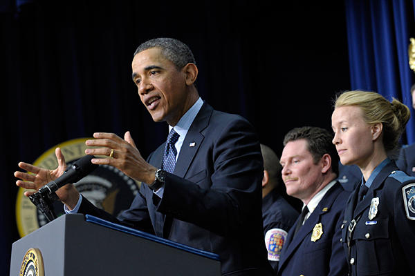 President Obama speaks about the sequester with emergency responders at the Eisenhower Executive Office building in the White House complex Tuesday. This is a group of workers that the White House says could be affected if state and local governments lose federal money as a result of budget cuts. [Susan Walsh/AP