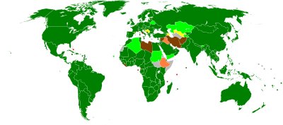 WTO Membership: Members are colored in dark green, and only countries shaded red and gray have no relationship.