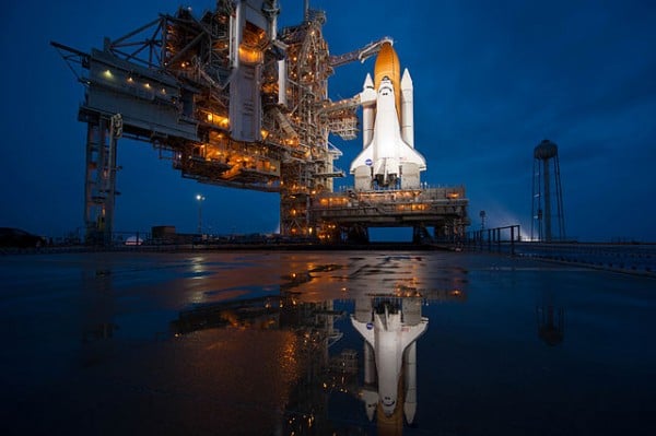 The Space Shuttle Atlantis is seen shortly after the rotating service structure (RSS) was rolled back at launch pad 39a, Thursday, July 7, 2011 at the NASA Kennedy Space Center in Cape Canaveral, Florida.  