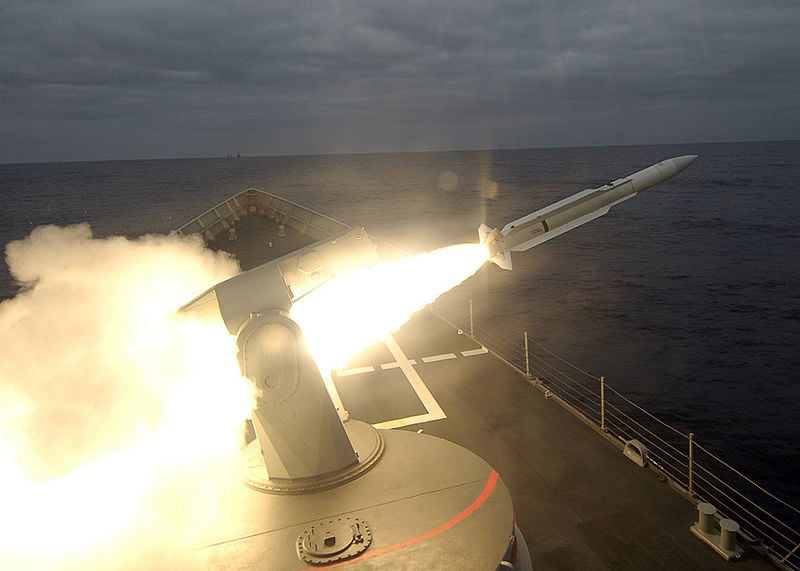 A SM-2 type missile being fired, similar to the missiles used in the Red Sea to intercept incoming anti-ship missiles fired from Yemen in 2024.