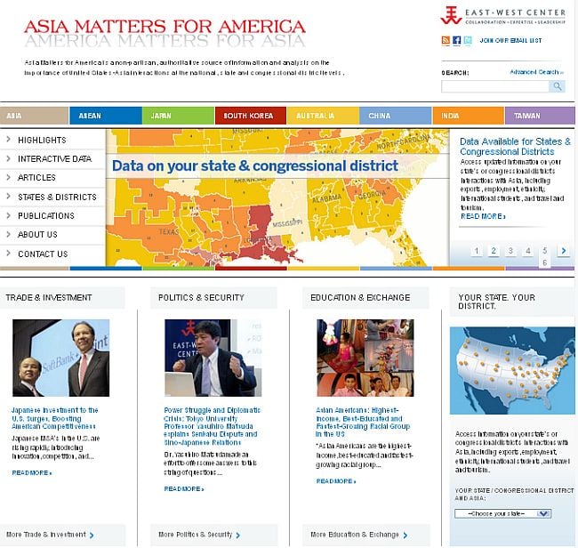 Asia Matters for America / America Matters for Asia is an interactive resource from the East-West Center for credible and nonpartisan information, graphics, analysis and news on US-Asia Pacific relations at the national, state and local levels. Image: AsiaMattersforAmerica.org 