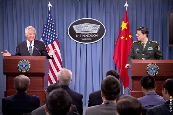 US Defense Secretary Chuck Hagel, (left) with China’s Defense Minister General Chang Wanquan at the Pentagon, August 19, 2103, the day that Hagel accepted an invitation from Chang to visit China. Image: AP Press