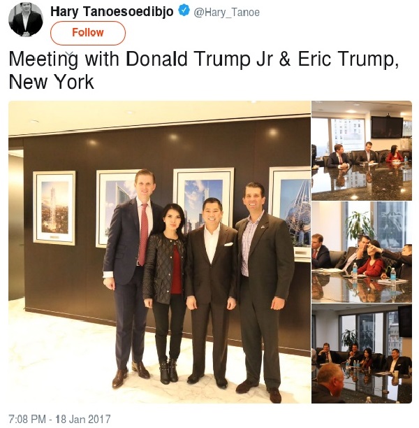 Hary and Liliana Tanoesoedibjo meet with Trump sons (Twitter, archive).
