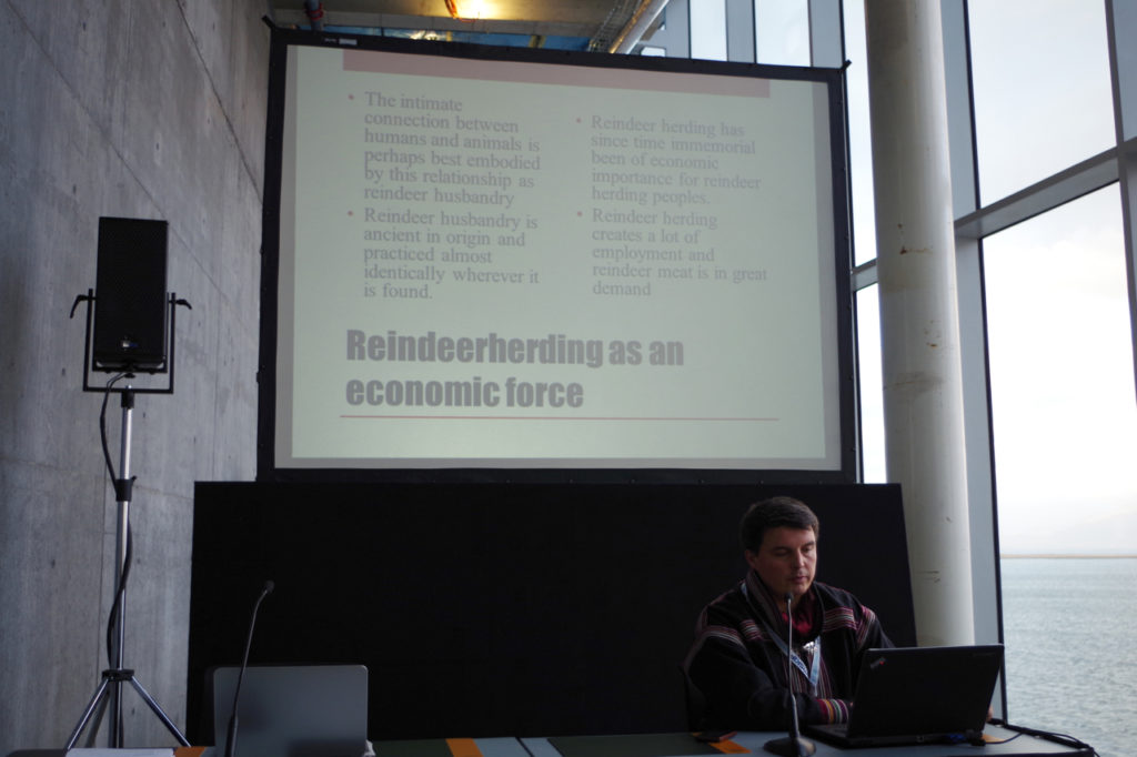 Anders J.H. Eira speaking on the Challenges of Reindeer Husbandry at Arctic Circle. October 2013. (c) Mia Bennett