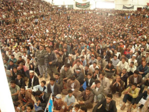 A Crowd gathers in protest in Ibb, Yemen