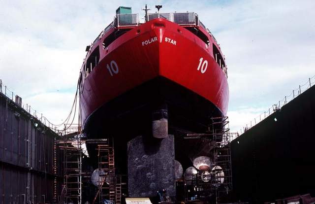 U.S.S. Polar Star awaiting repairs in drydock in Seattle, WA. Photo: U.S. Coast Guard.