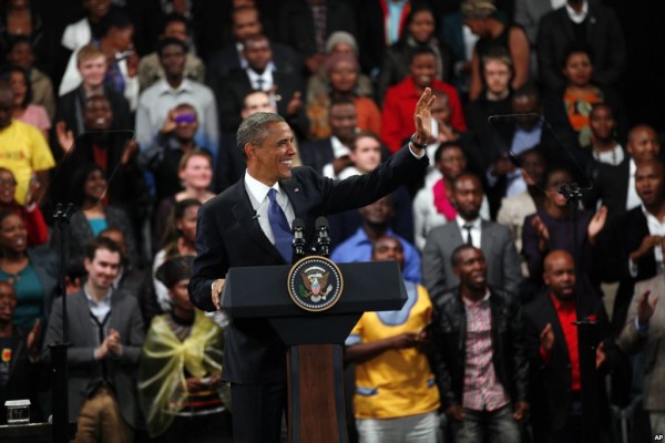 U.S. President Barack Obama delivers remarks and takes questions at a town hall meeting with young African leaders at the University of Johannesburg Soweto campus, South Africa, which the author attended, June 29, 2013. Photo courtesy of VoA. 