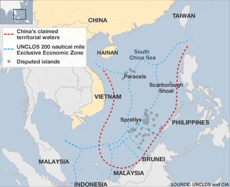 Outline of the contested area of the South China Sea which China has made moves to increasingly control. The US called new fishing rules announced by China "provocative and potentially dangerous." Source: UNCLOS, CIA via BBC