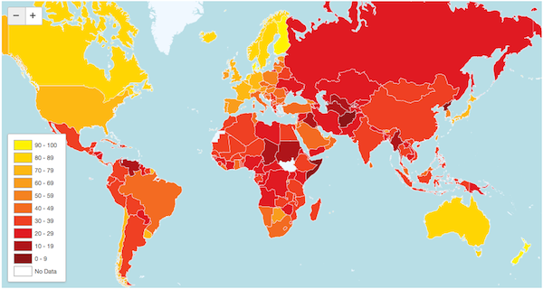 A visual representation of the results of Transparency International's 2012 Corruption Perceptions Index (author's screenshot from the TI website). 
