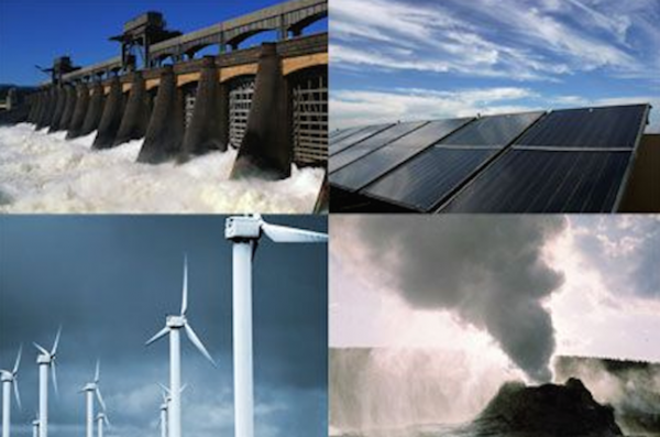 Four of the most-promising ways new industries can tackle climate change: hydro, solar, wind and geothermal (Photo: State Dept.).