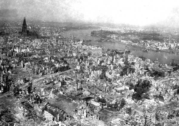 War-torn Cologne Cathedral stands out of the devastated area on the west bank of the Rhine, in Cologne, Germany, April 24, 1945.  (AP Photo)