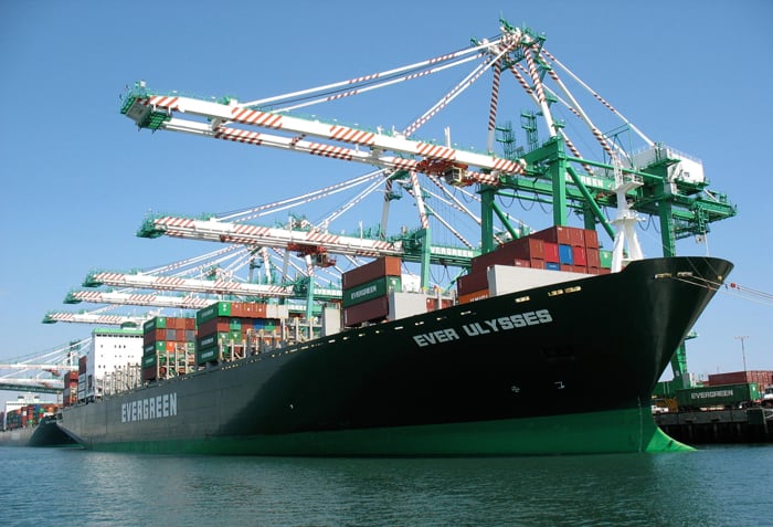 The "Ever Ulysses," a Singapore-flagged container ship of the Evergreen Line, a Taiwanese shipping group. On the eve of the MLC, 2006 entering into force, the Ever Ulysses moored in Trieste, Italy after departing Rijeka, Croatia two days earlier. The ship's crew and cargo are of multinational origin. (Image: NOAA.gov)