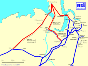 Map of Proposed Pipelines from the Yamal Peninsula (red) with Existing Pipelines from Western Siberia (blue)