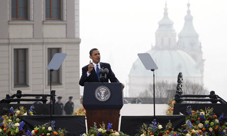 President Obama in Prague earlier this year calling for nuclear disarmament.  Source:  www.guardian.co.uk