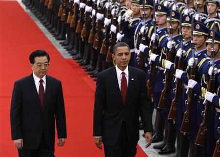 Presidents Hu and Obama in Beijing Tuesday.  Source:  www.lepoint.fr