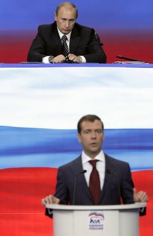 Russian President Medvedev and his mentor, Vladimir Putin.  Note: this is not a photo from Medvedev's speech this week.  Source: www.russiablog.org 