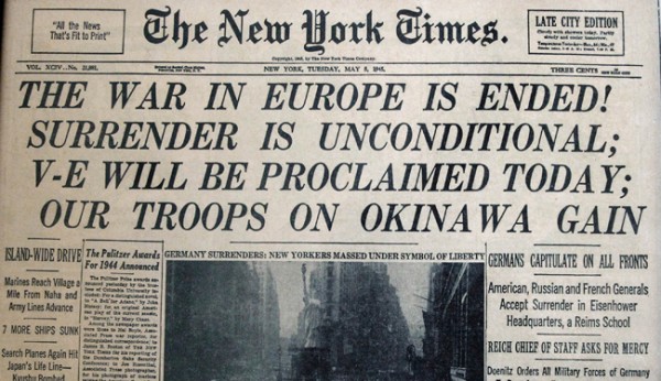 A copy of The New York Times published May 8, 1945, bearing Kennedy's scoop (AP/Rick Bowmer) 