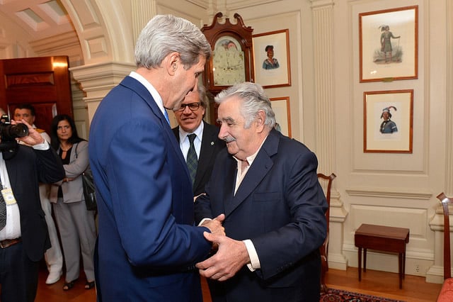U.S. Secretary of State John Kerry greets Uruguayan President Jose Mujica on May 13, 2014 (Photo: U.S. State Department via Flickr).