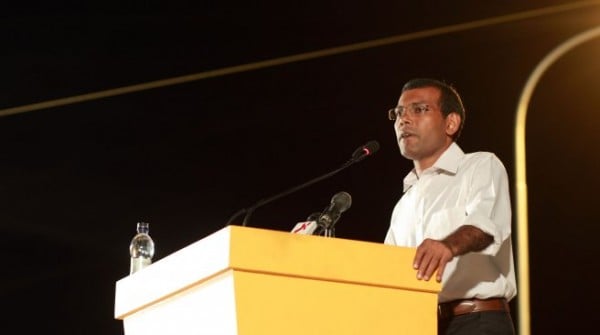Mohamed Nasheed, former President of Maldives, speaks at a politically rally in May 2013. Nasheed has been charged with abuse of power during his rule, and his ability to run in September's presidential election is in question. Photo: file photo via Haveeru Online