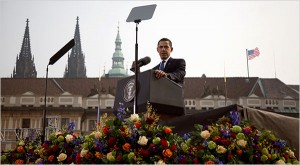 President Obama delivering a speech on nuclear proliferation in Prague, April 2009 - Photo Credit: New York Times