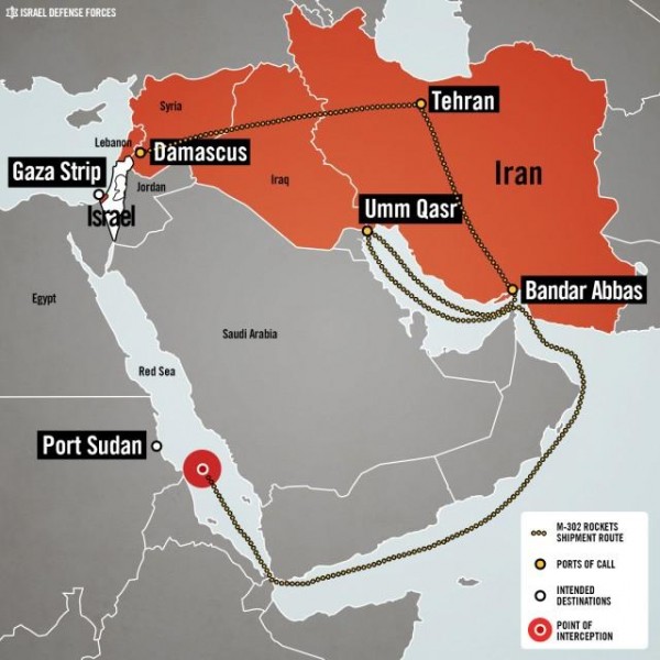 IDF produced map of Iranian weapons route to Gaza.