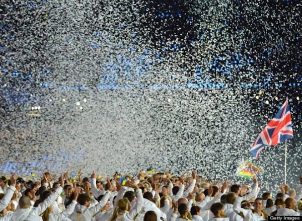 Athletes celebrate during the opening ceremony for the 2012 Olympics. Source: Getty