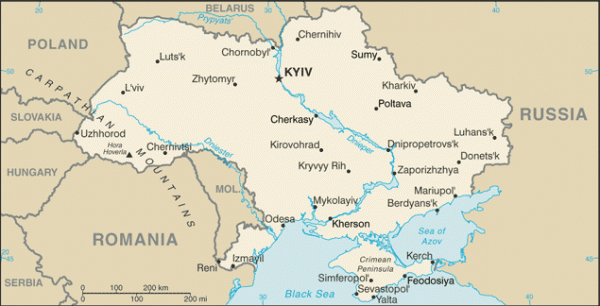 The Crimean Peninsula extends from Ukraine into the Black Sea, separated from Russia by the narrow and shallow Kerch Strait. (Map: CIA World Factbook)
