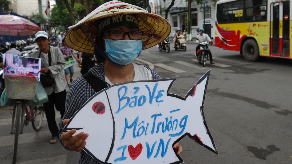 A protester demonstrating against Taiwanese conglomerate Formosa during a rally in downtown Hanoi on May 1, 2016. (HOANG DINH NAM/AFP/GETTY IMAGES)