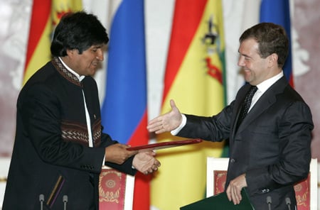 Bolivian President Evo Morales and Russian President Dimitry Medvedev in Moscow.  Credit: Xinhua/Reuters